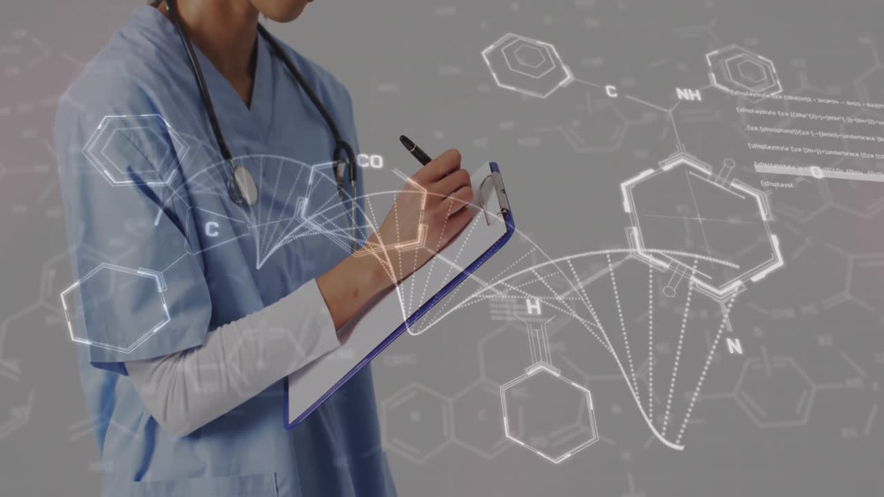 Animazione di diagrammi di filamenti di DNA con elaborazione dati sulla parte centrale di una dottoressa birazziale