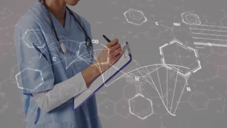 animation of dna strand diagrams with data processing over midsection of biracial female doctor