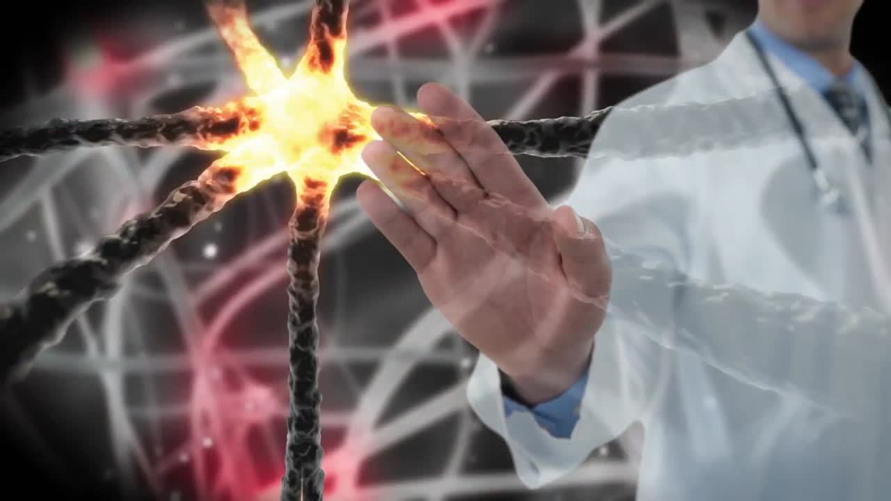 박테리아 세포 4k에 대한 보이지 않는 스크린을 만지는 의사