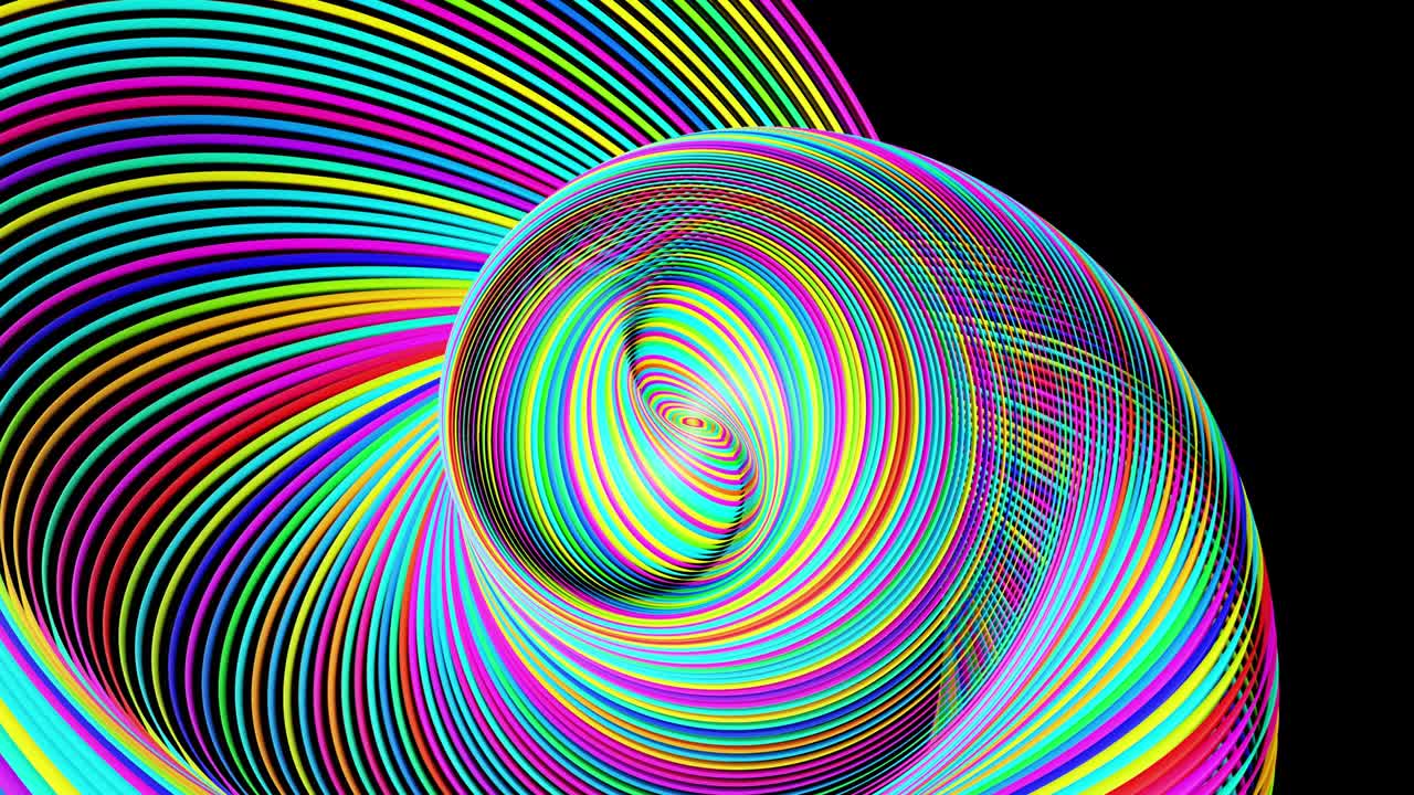 abstract geometric looped bg con anillos forman complejas espirales retorcidas y efectos de luz. los anillos parpadean luces de neón multicolor. bombillas de anillo de neón para espectáculos o eventos, festivales o conciertos, clubes nocturnos vj.