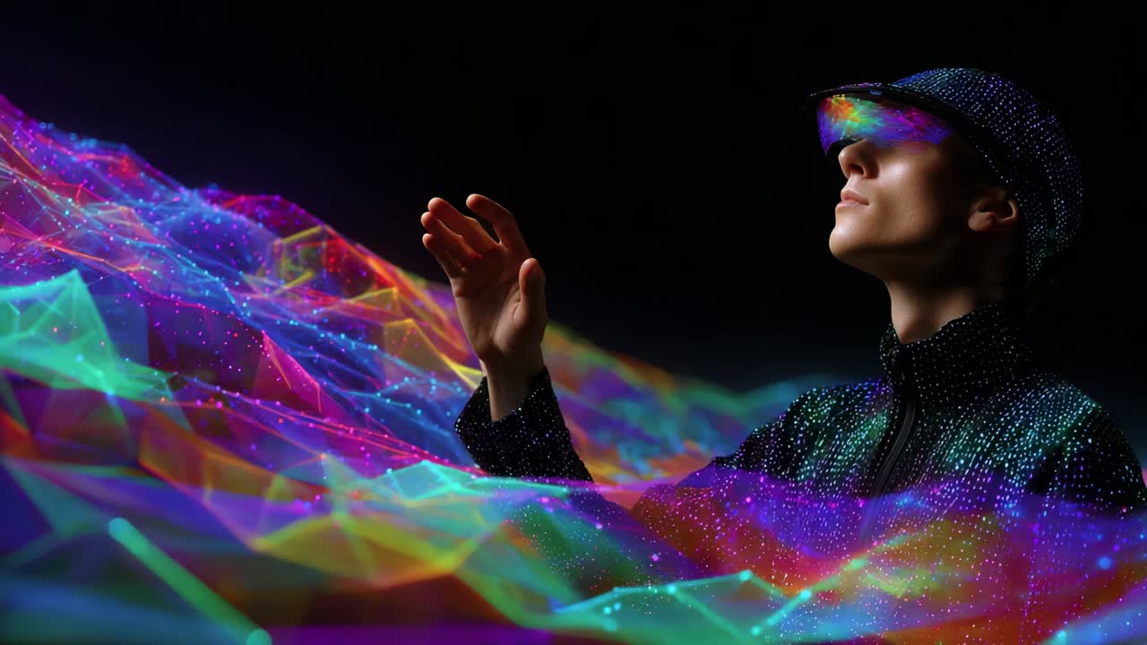 A glimmering representation of futuristic technology with a person in a patterned outfit reaching towards an ethereal wave of colorful light patterns, symbolizing the intersection of art and digital innovation