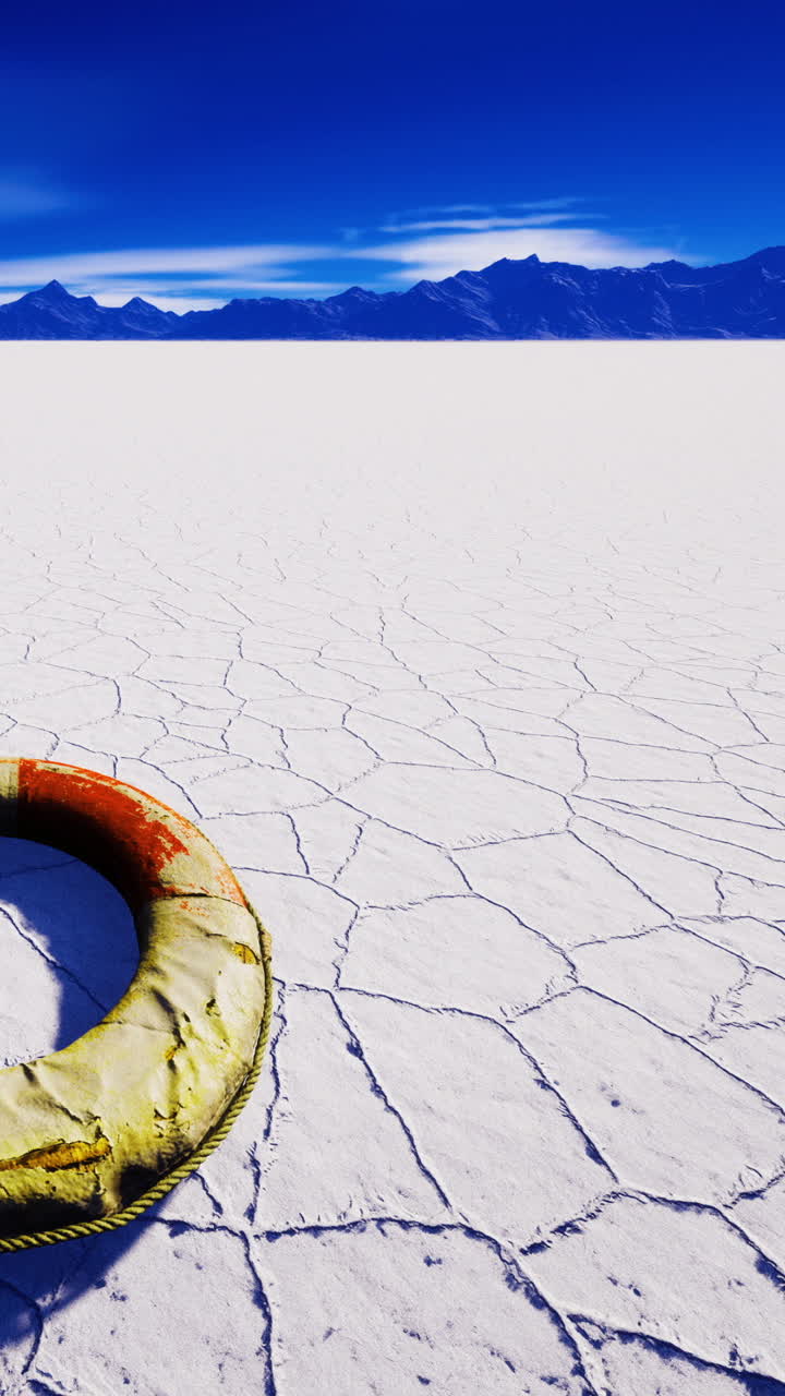 Lifebuoy resting on salt flats under a clear blue sky with distant mountains
