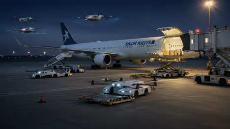 a stunning night scene at an airport featuring a large cargo plane being loaded with drones hovering above and ground vehicles in action, captured in dynamic detail