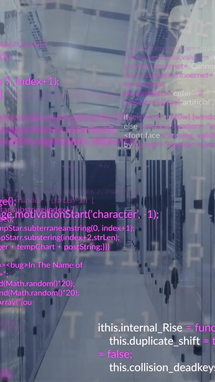 Animation of data processing and network of connections against computer server room