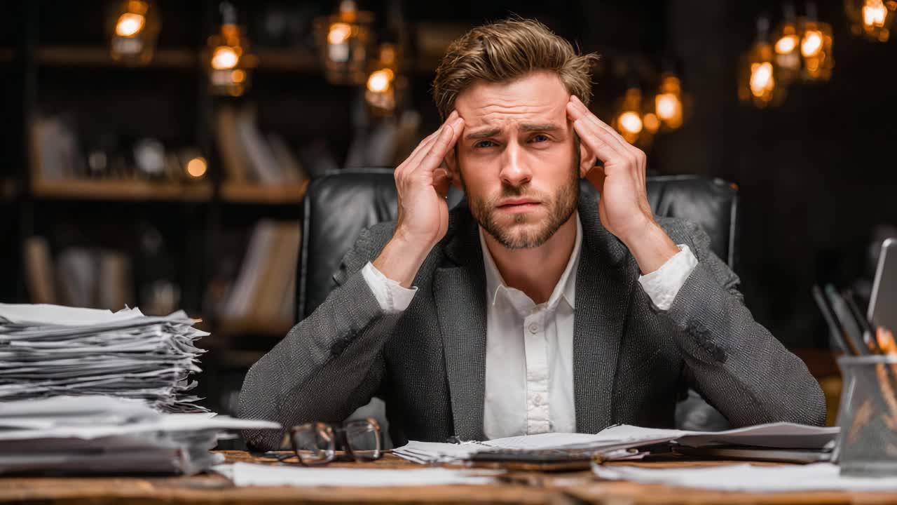 A Young Professional Appears Stressed and Overwhelmed Amidst a Sea of Papers in a Dimly Lit Office, Struggling to Manage Workload and Responsibilities