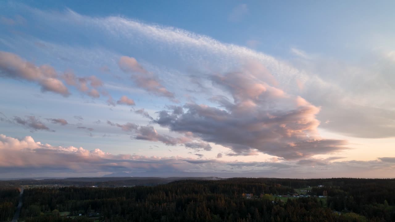 Aerial of a big blue sky with wispy clouds floating through the frame.