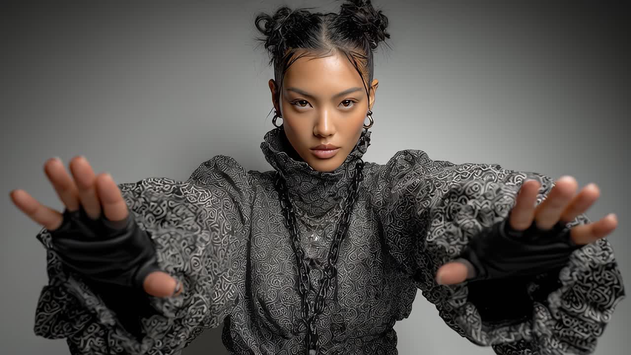 Fashion model performing slow motion hand gestures on gray background