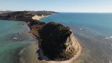 Cape-of-Rodon-surrounded-by-sea-water,-beautiful-coastline-in-Mediterranean,-Albania