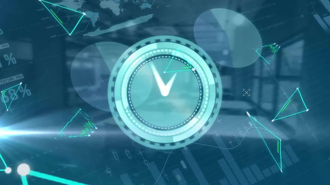 Animation of network of connectionss with clock and data processing over empty office