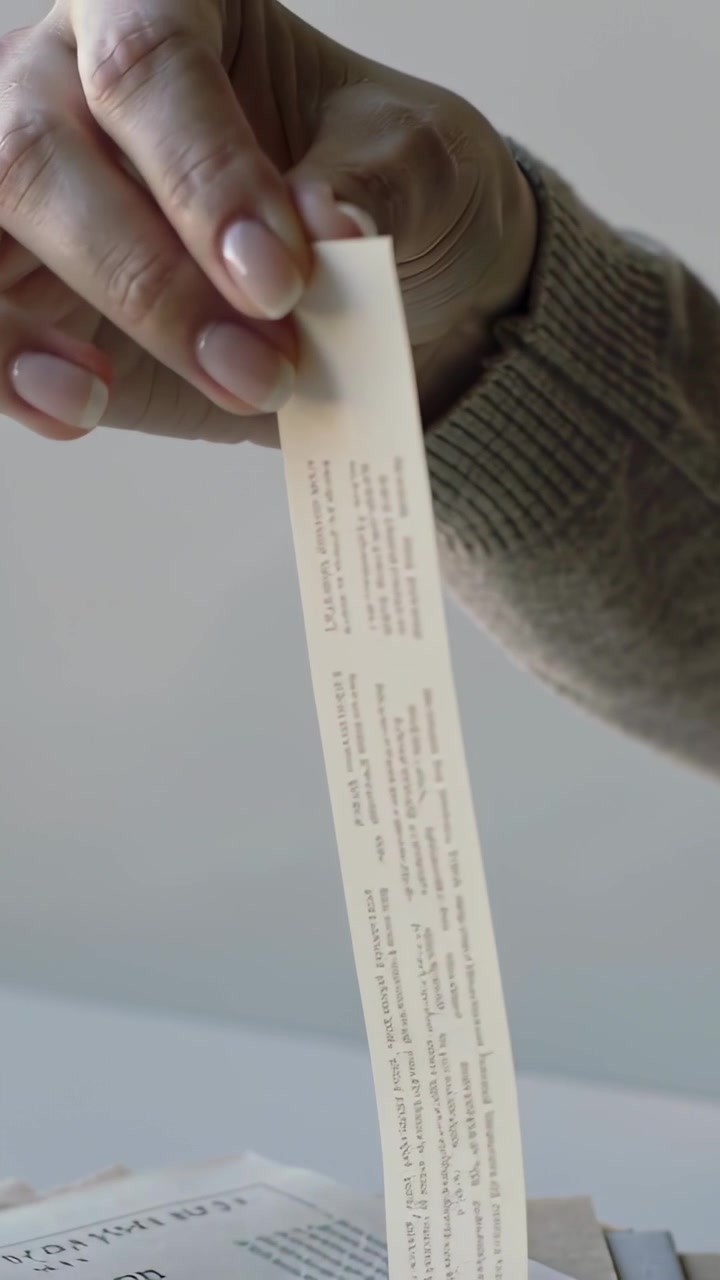 Video verticale: mano destra con manica a coste che sfoglia e stacca una striscia di carta su una scrivania