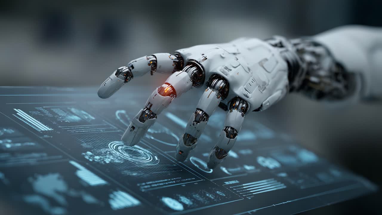 A High-Tech Robotic Hand Interacting with a Futuristic Digital Display, Showcasing Advanced Technology and Interaction Between Machines and Interfaces