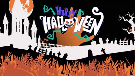 digital animation of happy halloween text banner against graveyard and castle on black background