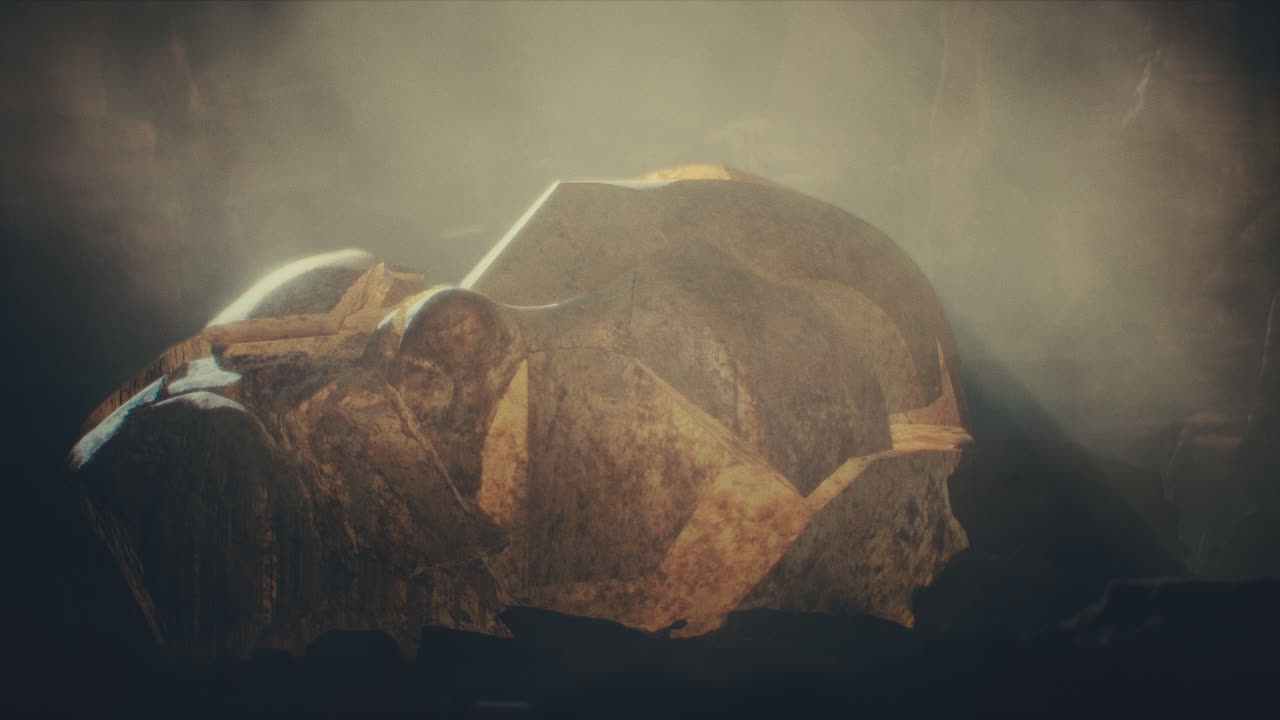 A head of the giant ancient deity statue hidden in a cave