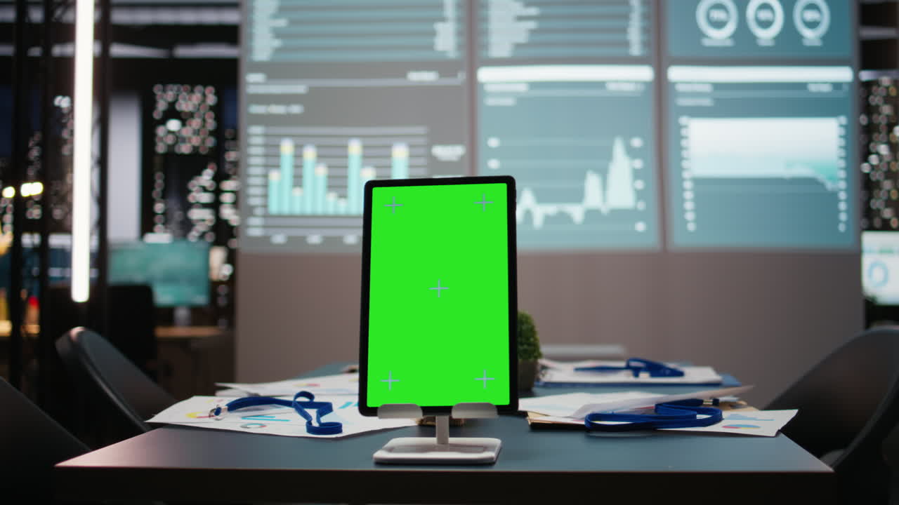 Modern empty boardroom with copy space on tablet and data charts on projections