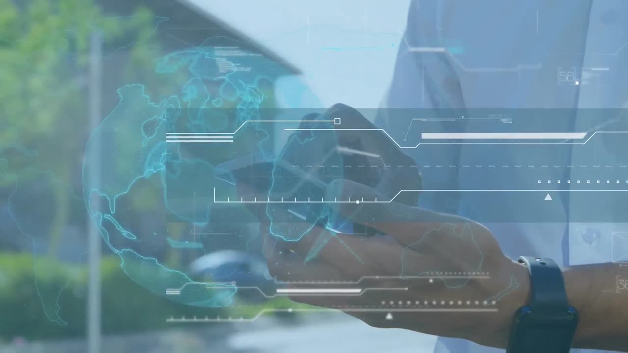 Animation of data processing and globe over mixed race man using smartphone