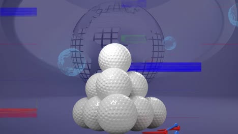 Animation-of-golf-balls-over-bubbles-and-globe