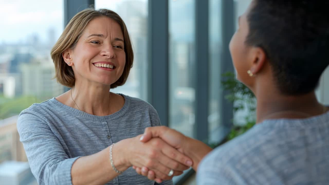 Tendendo la mano destra, la donna a sinistra con un top grigio saluta in ufficio, stringendo una stretta di mano vicino alle finestre.
