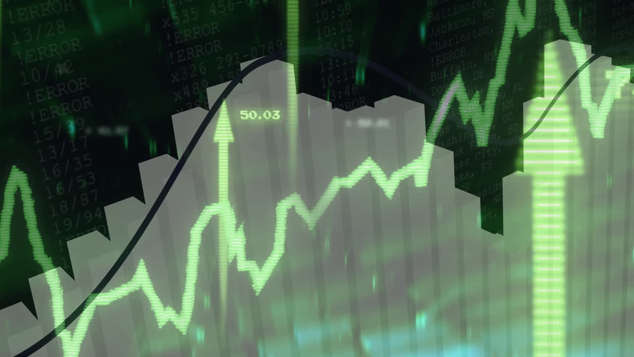 Neon green jagged line chart floating over gray bars, highlighting upward arrow with error streams