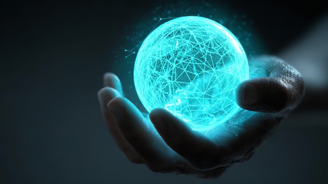 A mesmerizing glowing sphere held delicately in a hand, representing the fusion of technology and nature, showcasing ethereal energy and intricate connections within a digital realm