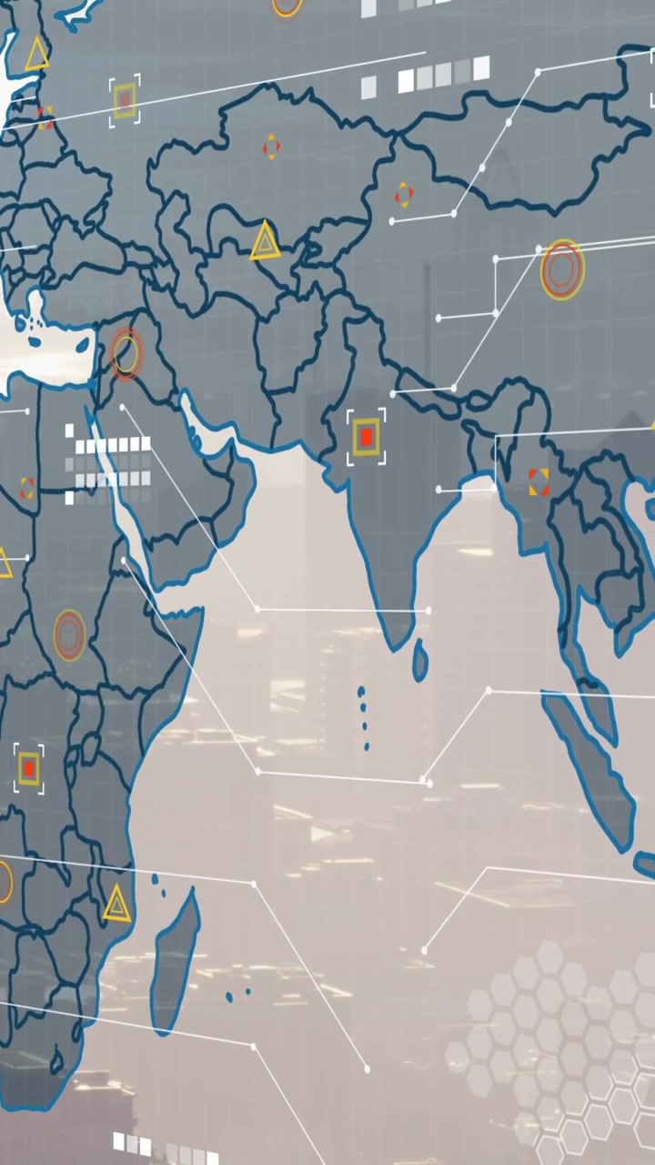 Animation of world map and financial data processing over cityscape