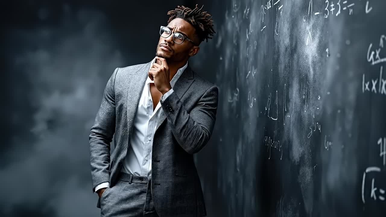 A man in a suit and glasses leaning against a blackboard