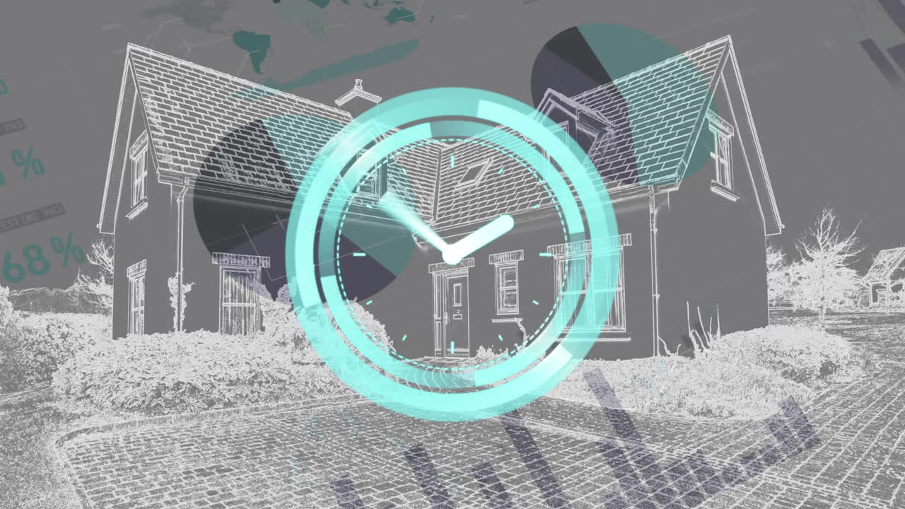 Animation of clock moving fast and statistics with data processing over house