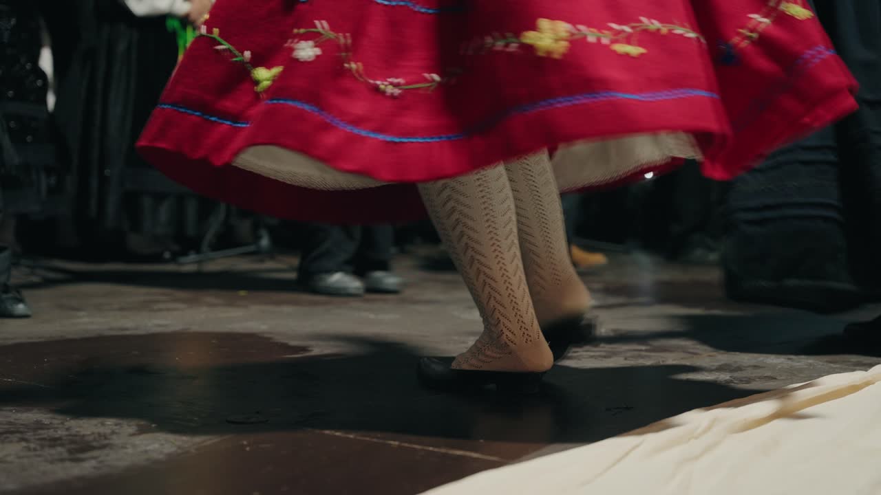 Red embroidered skirt during a lively Portuguese folk dance performance