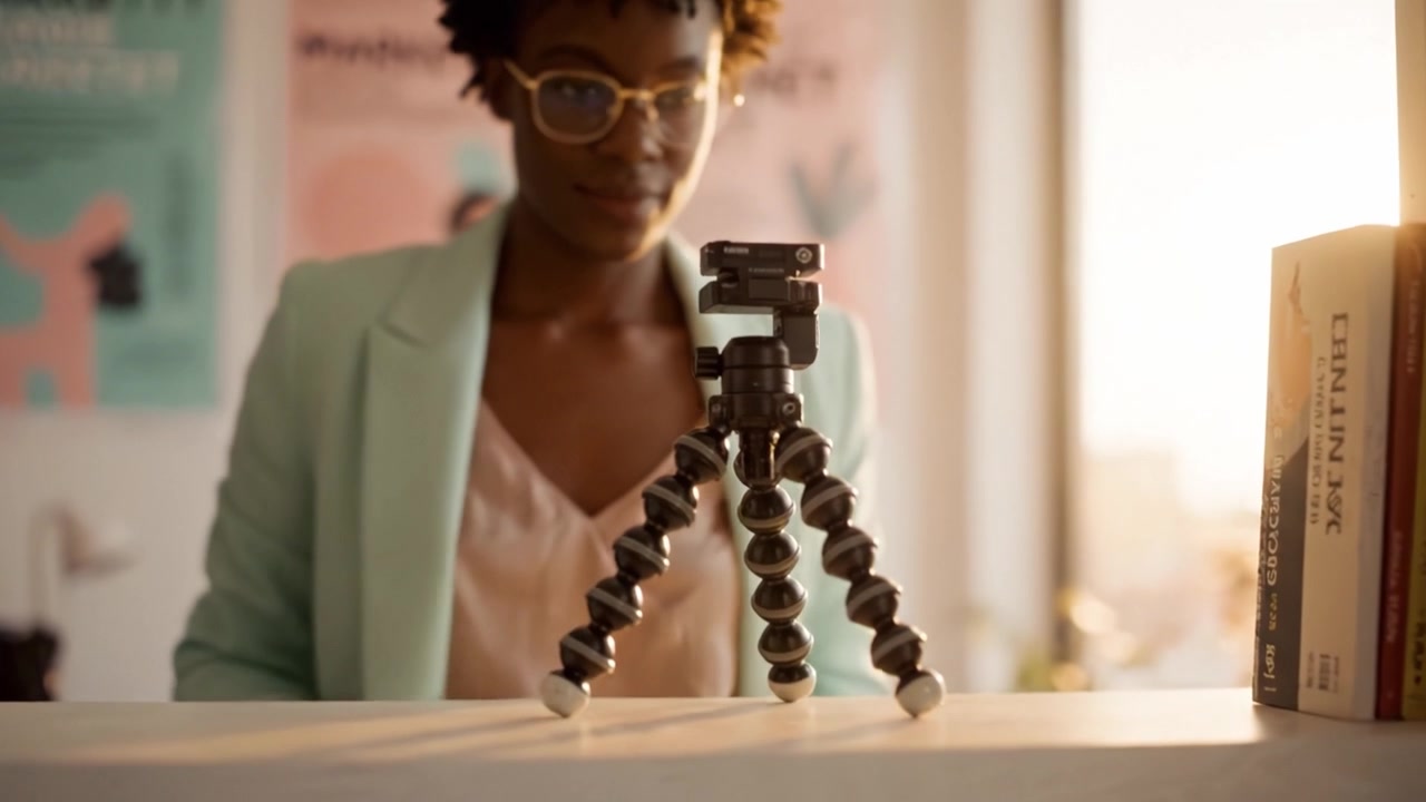 Creative Woman Prepares to Capture Moments with Tripod in a Sunlit Studio, Showcasing Professional Equipment Amidst an Inspiring and Vibrant Environment