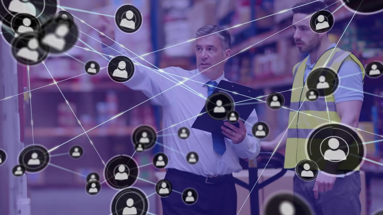 Manager pointing clipboard, launching animated network guiding worker across warehouse for stock