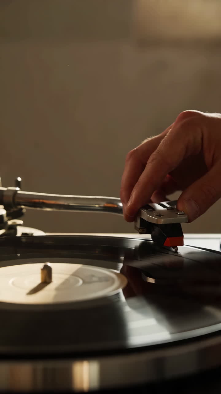 Uomo in soffitta accogliente che fa girare un disco in vinile, luce solare attraverso il lucernario, travi in legno a vista, giradischi vintage