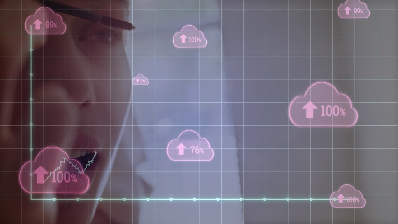Animation einer Grafik, wechselnden Zahlen, Pfeilen in der Cloud, kaukasische Frau trägt Eyeliner auf