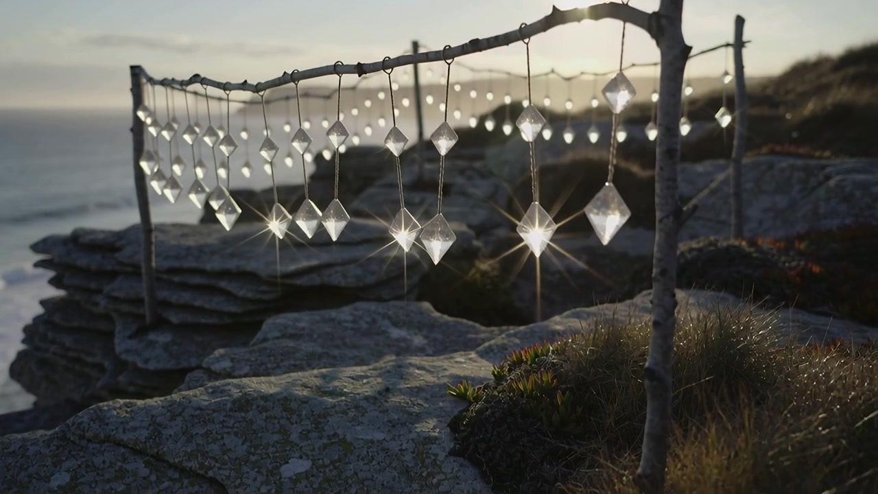 Movimento di camera che rivela una corda con cristalli sfaccettati tra pali di legno su una scogliera, catturando la luce del sole