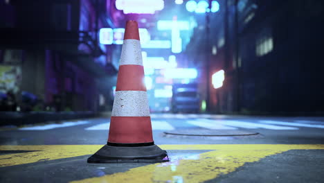 traffic cone on a cyberpunk city street at night