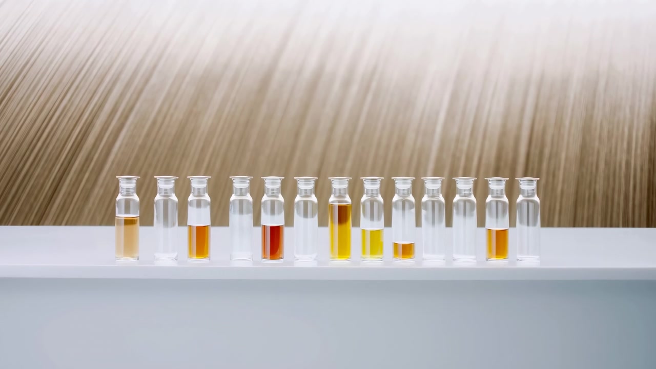 Douze petits flacons en verre transparent sont alignés sur une étagère blanche, plusieurs remplis à différents niveaux de liquide ambré, orange et jaune, tandis que d'autres restent vides ou transparents sur un fond beige doux.