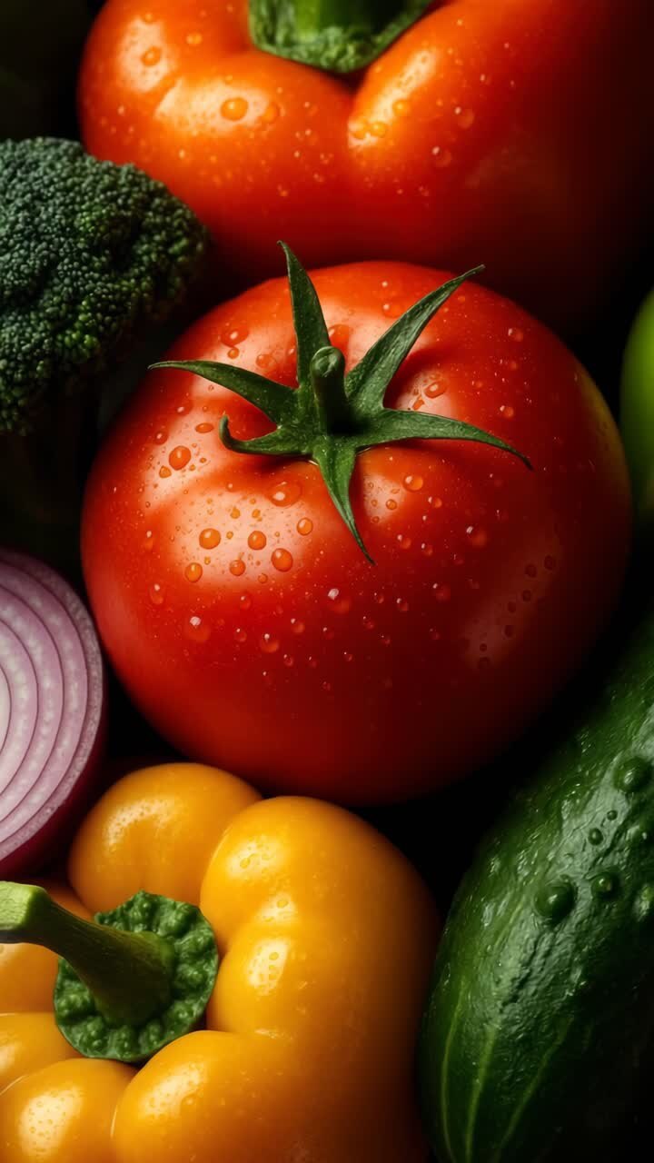 Vibrant close-up of fresh vegetables with water droplets, shot from above