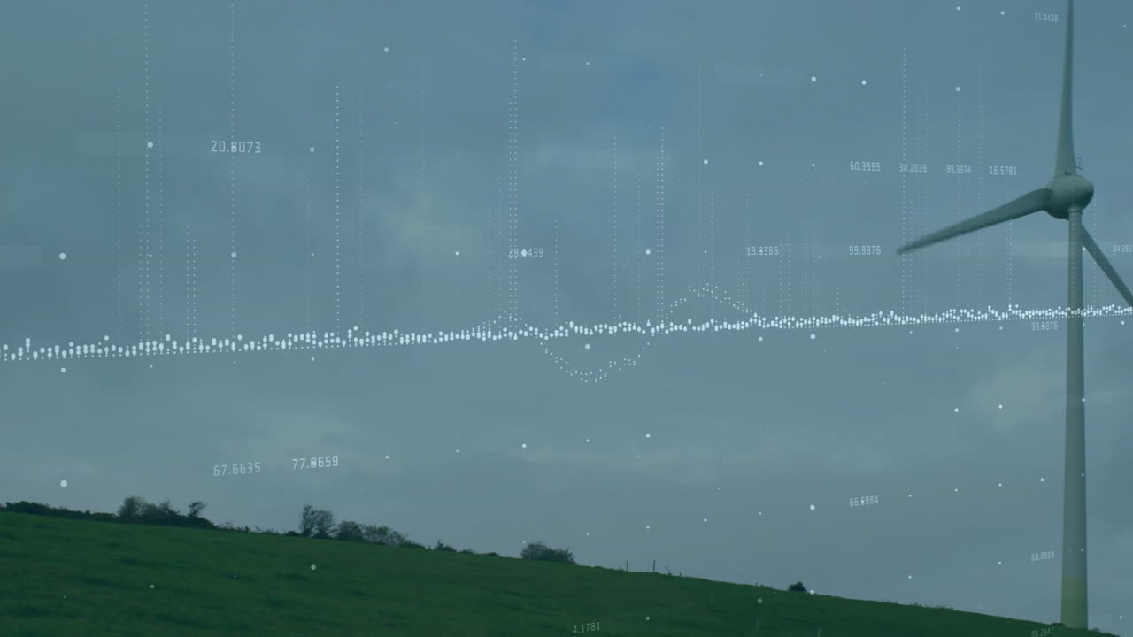 Wind turbine spinning on grassy hillside under cloudy sky showing data visualization in flat design