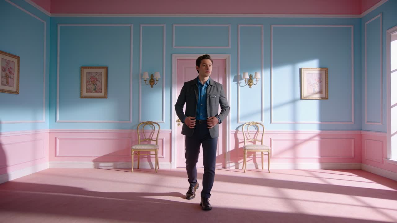 På et signal justerer en mand sin grå blazer, mens han træder frem i et pastelrum med to stole.