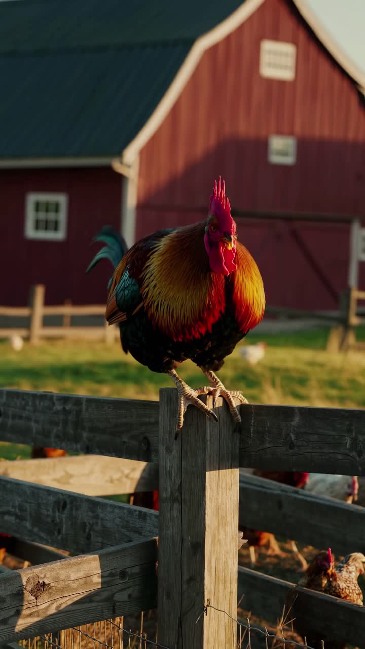 Vibrant rooster perched on a wooden fence at sunrise, with a barn in the background