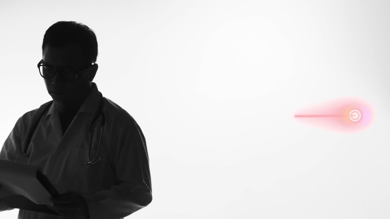 사랑스러운 보살핌으로 환자의 차트를 확인하는 의사의 실루엣 - 개념:의료, 하트비트, 의료, 치료, 맥박, 모니터