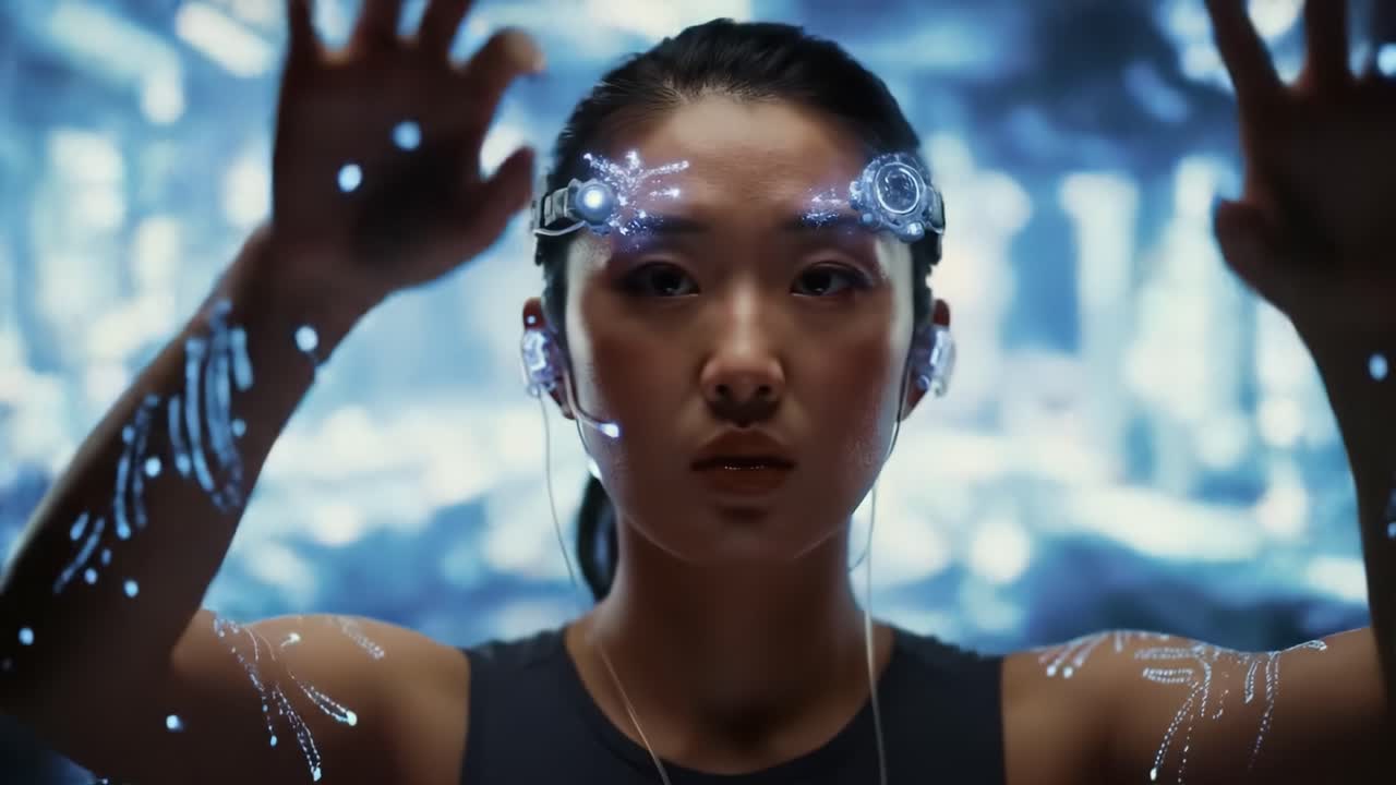 Woman interacting with futuristic technology