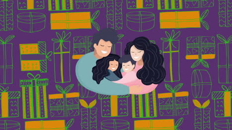 animación de ilustración de padres felices abrazando a su hijo e hija sobre regalos verdes y naranjas