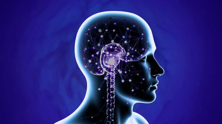 Profilo laterale di una testa umana con una rete cerebrale digitale, sfondo blu