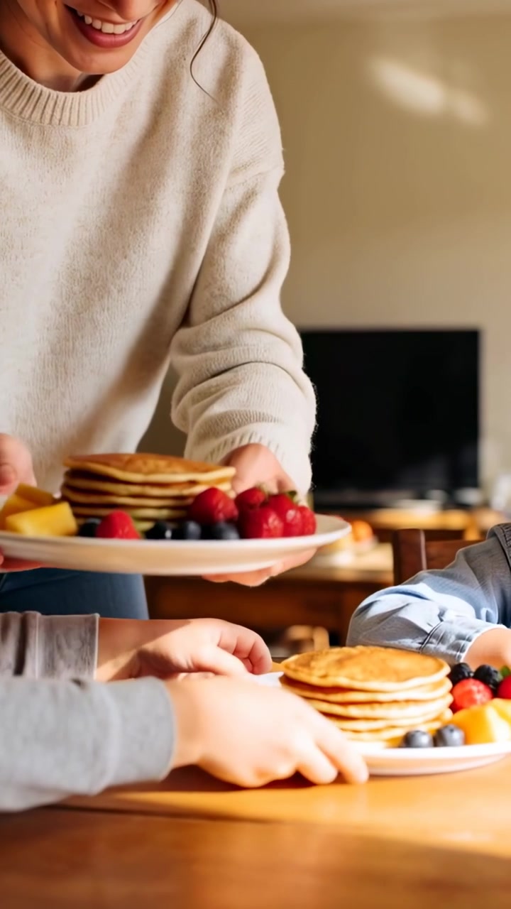 Vertical video: Entering mother in cream sweater serving pancake plate with fruit to child at home