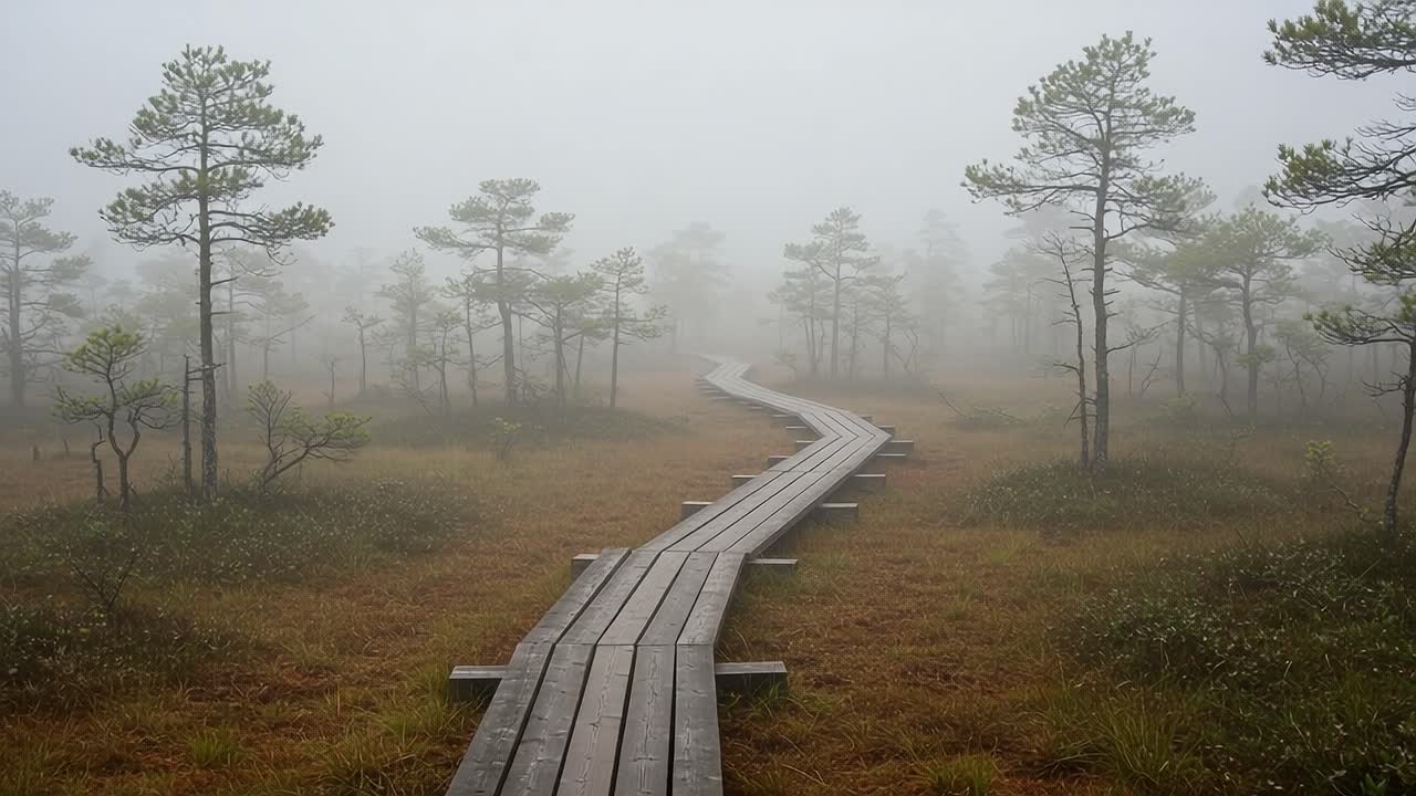 A Serene Pathway Through Misty Pines: Exploring the Tranquil Beauty of a Foggy Forest Landscape with a Wooden Boardwalk Meandering into the Unknown