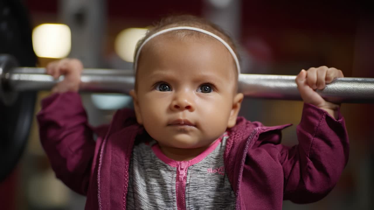 Determined Baby Lifts Weights with Focus and Strength, Showcasing Early Beginnings of Physical Activity and Confidence in a Bright Gym Environment