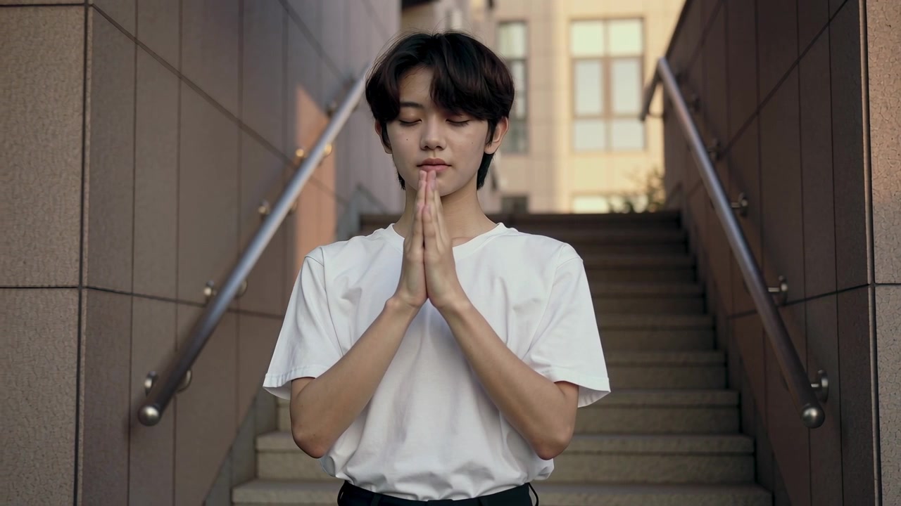 Beginning palms pressed in prayer, Asian male lowering hands from face to chest at stairway rails