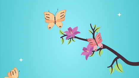 hermoso jardín de flores y mariposas volando animación