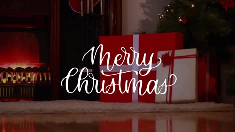 Animation-of-merry-christmas-text-over-christmas-presents-and-fireplace