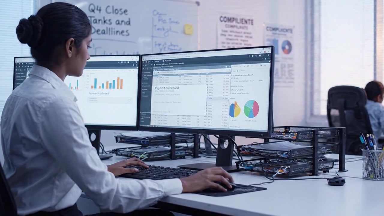 Professional Office Environment with Employee Analyzing Data on Multiple Monitors, Highlighting Productivity and Efficiency in a Corporate Setting
