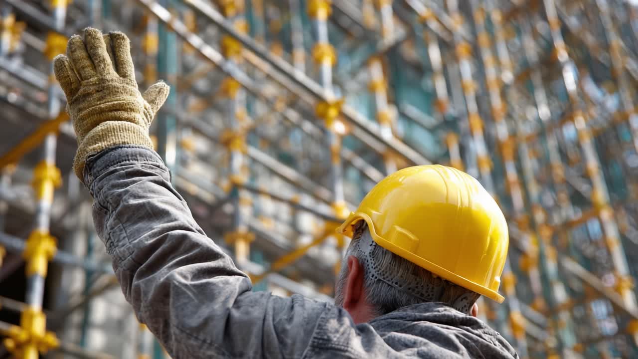 A Construction Worker Raises His Hand for Attention While Wearing a Yellow Hard Hat and Safety Gloves Near a Scaffolding Structure Under Construction